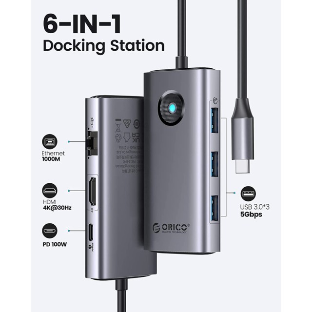 ORICO docking station PW11-6PR, 6 θυρών, USB-C σύνδεση, 100W PD 4K, γκρι