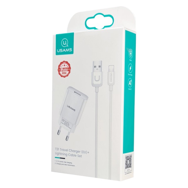 USAMS φορτιστής τοίχου T21OCLN01 με καλώδιο Lightning, USB 2.1A, λευκός