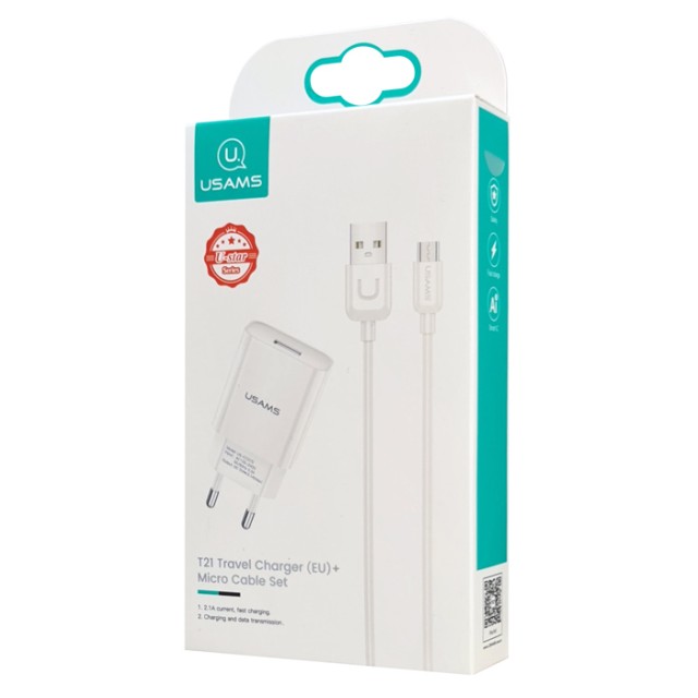 USAMS φορτιστής τοίχου T21OCMC01 με καλώδιο Micro USB, USB 2.1A, λευκός