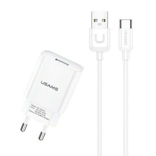 USAMS φορτιστής τοίχου T21OCTC01 με καλώδιο USB-C, USB 2.1A, λευκός