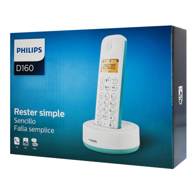 PHILIPS ασύρματο τηλέφωνο D1601T-34, με ελληνικό μενού, λευκό-πράσινο