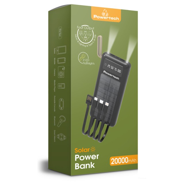 POWERTECH ηλιακό power bank PT-1084 με καλώδια & οθόνη, 20000mAh, μαύρο