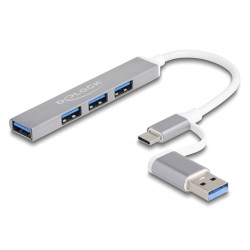 DELOCK USB hub 64214, 4x θυρών, 5Gbps, USB & USB-C σύνδεση, γκρι