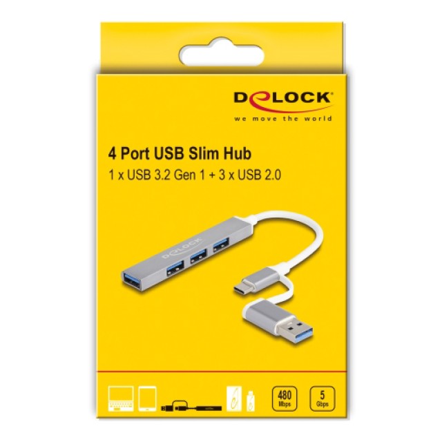 DELOCK USB hub 64214, 4x θυρών, 5Gbps, USB & USB-C σύνδεση, γκρι