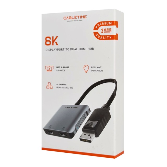 CABLETIME αντάπτορας DisplayPort σε 2x HDMI CT-DM2H8K-AG, 8K/30Hz, γκρι