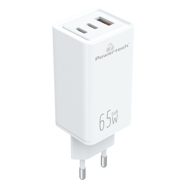 POWERTECH φορτιστής τοίχου PT-1094, USB & 2x USB-C, 65W, GaN, λευκός