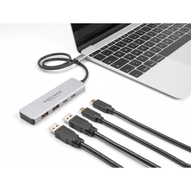 DELOCK USB hub 64230, 4x θυρών, 10Gbps, USB-C σύνδεση, γκρι