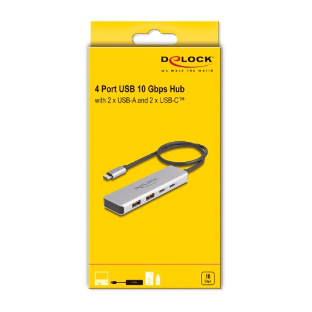 DELOCK USB hub 64230, 4x θυρών, 10Gbps, USB-C σύνδεση, γκρι