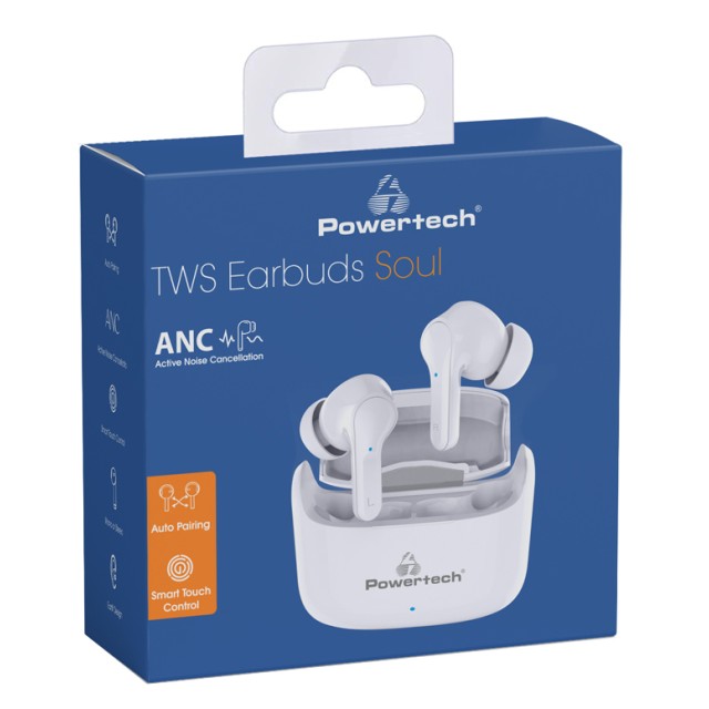 POWERTECH earphones με θήκη φόρτισης Soul, TWS, ANC, 45/400mAh, λευκά