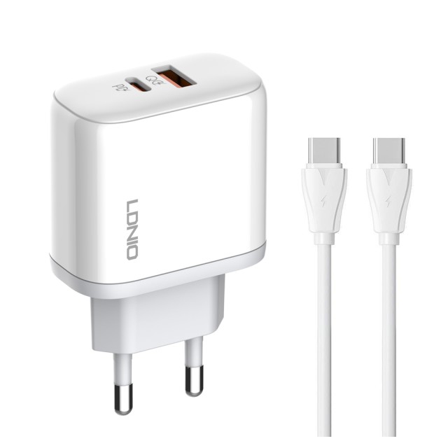 LDNIO φορτιστής τοίχου A2526C με καλώδιο, USB & USB-C, 45W PD, λευκός