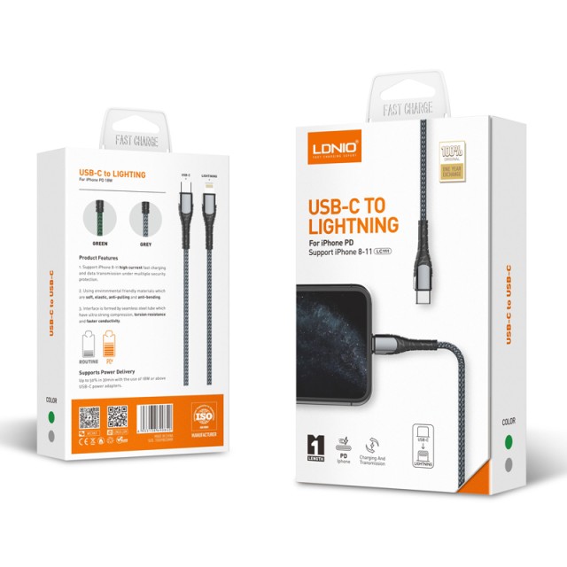 LDNIO καλώδιο Lightning σε USB-C LC111, 30W PD, 1m, γκρι