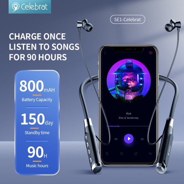 CELEBRAT earphones SE1 με μαγνήτη, Bluetooth, 12mm, 800mAh, μαύρα