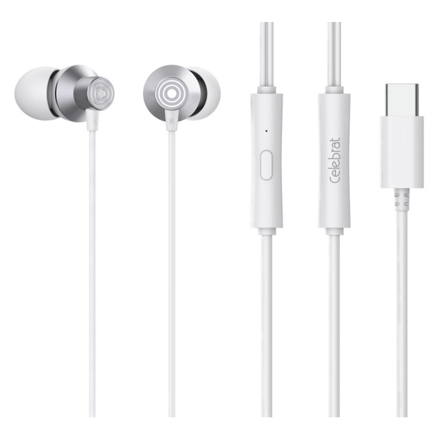 CELEBRAT earphones με μικρόφωνο D15, USB-C σύνδεση, Φ10mm, 1.2m, λευκά