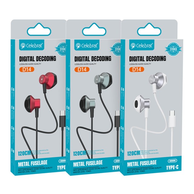 CELEBRAT earphones με μικρόφωνο D14, USB-C σύνδεση, Φ14mm, 1.2m, κόκκινα