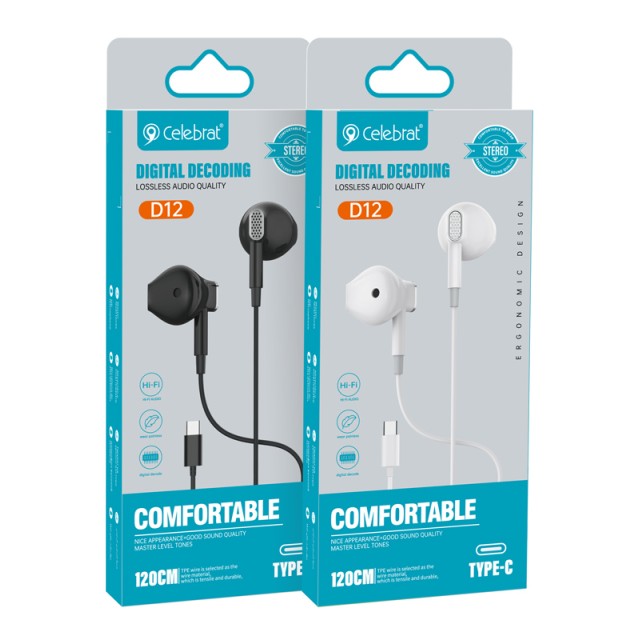 CELEBRAT earphones με μικρόφωνο D12, USB-C σύνδεση, Φ14.2mm, 1.2m, λευκά