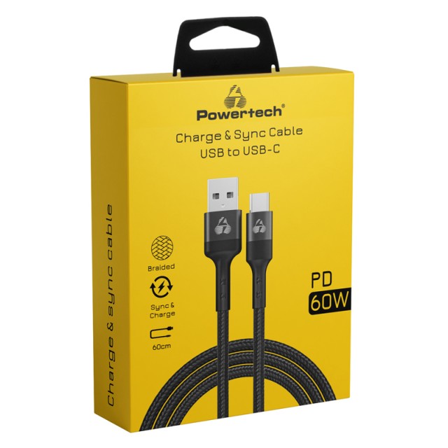 POWERTECH καλώδιο USB σε USB-C PTR-0129, PD 60W, copper, 60cm, μαύρο