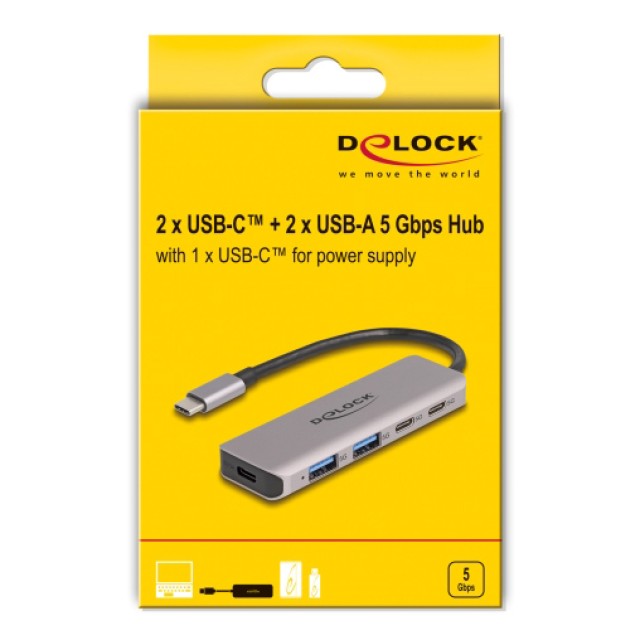 DELOCK USB hub 64239, 4x θυρών, 5Gbps, USB-C σύνδεση, γκρι