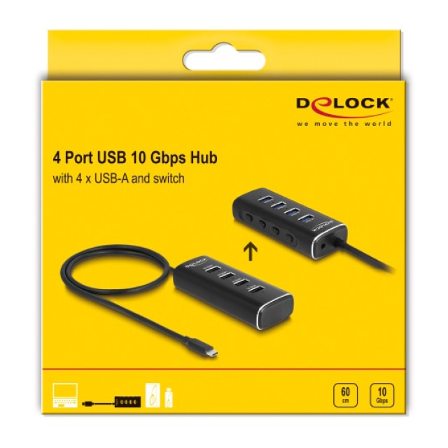 DELOCK USB hub 64233 με διακόπτες, 4 θυρών, 10Gbps, USB-C σύνδεση, μαύρο