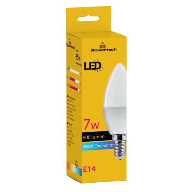 POWERTECH LED λάμπα candle E14-011, 7W, 4000K, E14, 600lm