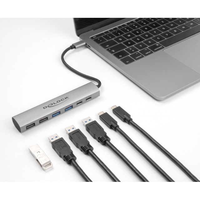 DELOCK USB hub 64232, 6x θυρών, 10Gbps, USB-C σύνδεση, γκρι