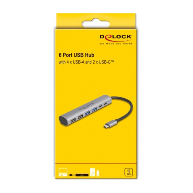 DELOCK USB hub 64232, 6x θυρών, 10Gbps, USB-C σύνδεση, γκρι