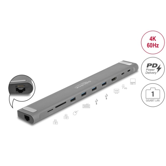 DELOCK docking station 87895, 9 θυρών, βάση laptop, 85W PD, 4K, γκρι