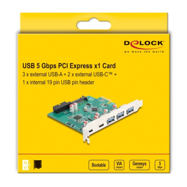 DELOCK κάρτα επέκτασης PCIe x1 σε 3x USB/2x USB-C/19-pin 90109, 5Gbps