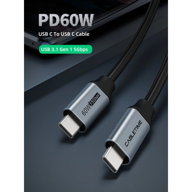 CABLETIME καλώδιο USB-C CMCM60, 60W PD, 5Gbps, 4K, 1m, μαύρο