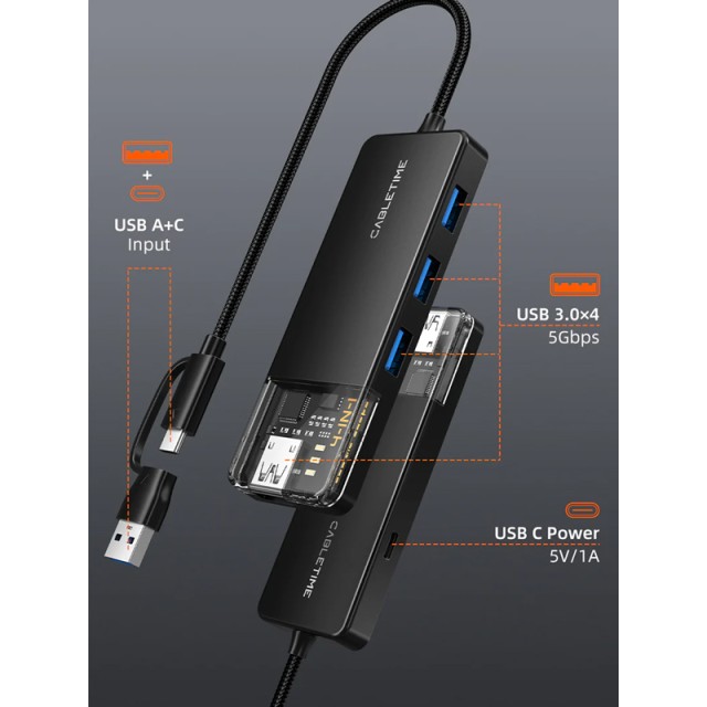 CABLETIME USB hub CT-HUBT3-PB, 4x θυρών, 5Gbps, USB/USB-C σύνδεση, μαύρο