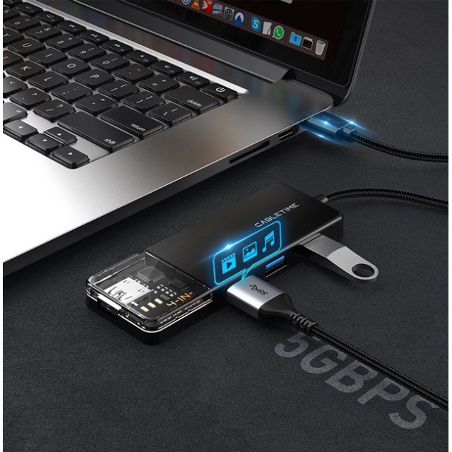 CABLETIME USB hub CT-HUBT2-PB, 4x θυρών, 5Gbps, USB σύνδεση, 1m, μαύρο