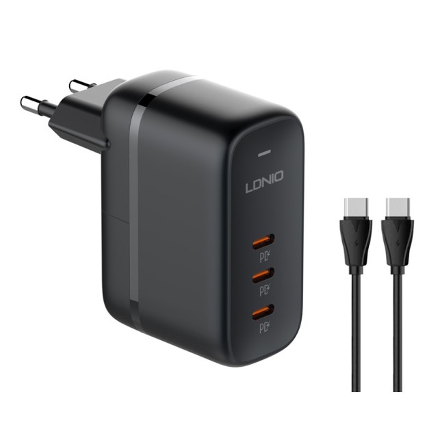 LDNIO φορτιστής τοίχου Q367 με καλώδιο USB-C, 3x USB-C, 65W, GaN, μαύρος