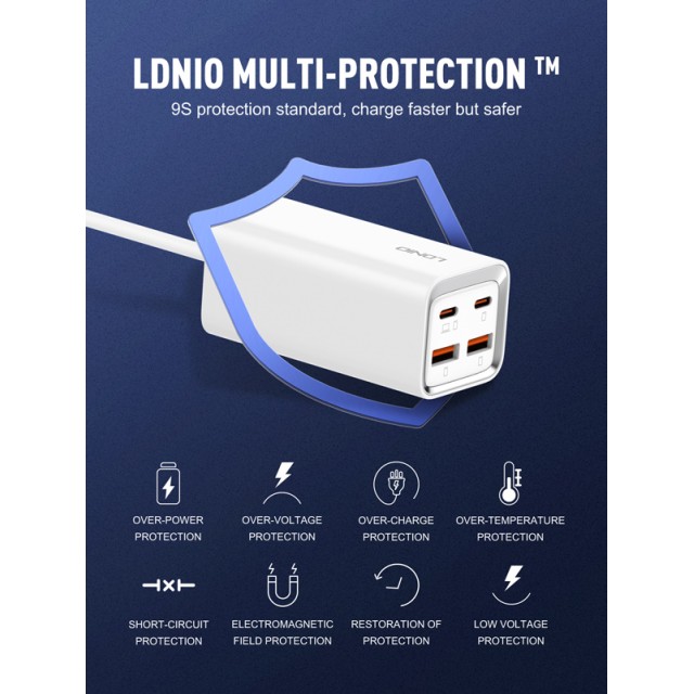 LDNIO σταθμός φόρτισης A4610C, 2x USB-C & 2x USB, 65W, PD/QC, λευκός