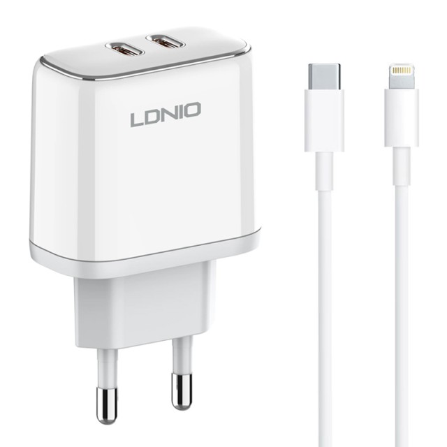 LDNIO φορτιστής τοίχου A2528M με καλώδιο, 2x USB-C, 35W, MFi, λευκό