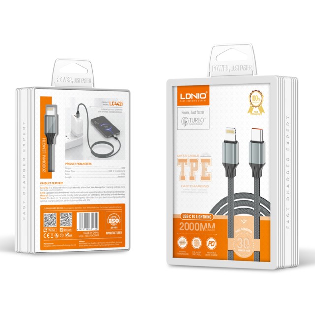 LDNIO καλώδιο Lightning σε USB-C LC442I, 30W PD, 2m, γκρι