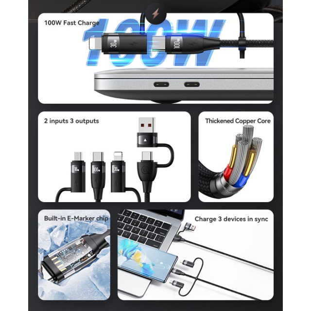 USAMS καλώδιο USB/USB-C σε 3 in 1 US-SJ646, PD 100W, 2m, μαύρο