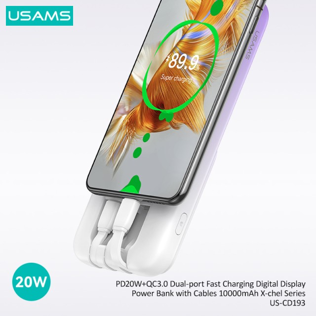 USAMS power bank US-CD193 με καλώδια, 5x έξοδοι, 10000mAh, 20W, μαύρο