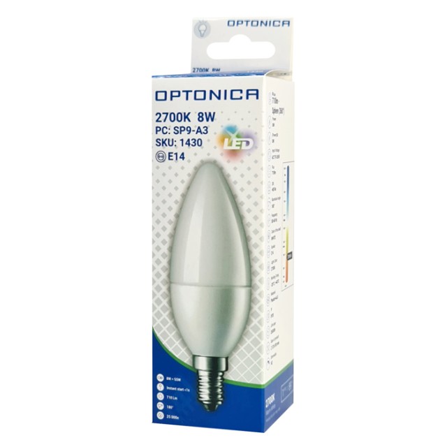 OPTONICA LED λάμπα candle C37 1430, 8W, 2700K, 710lm, E14