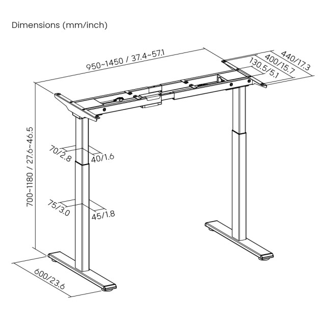 BRATECK σκελετός ηλεκτρικού γραφείου M12-22D, 95~145x60x70~118cm, μαύρο