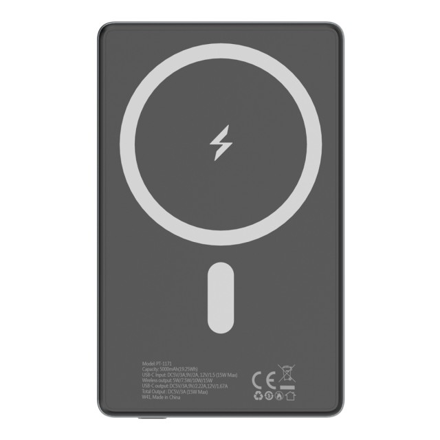 POWERTECH power bank PT-1171, 5000mAh, magnetic wireless, 15W, γκρι