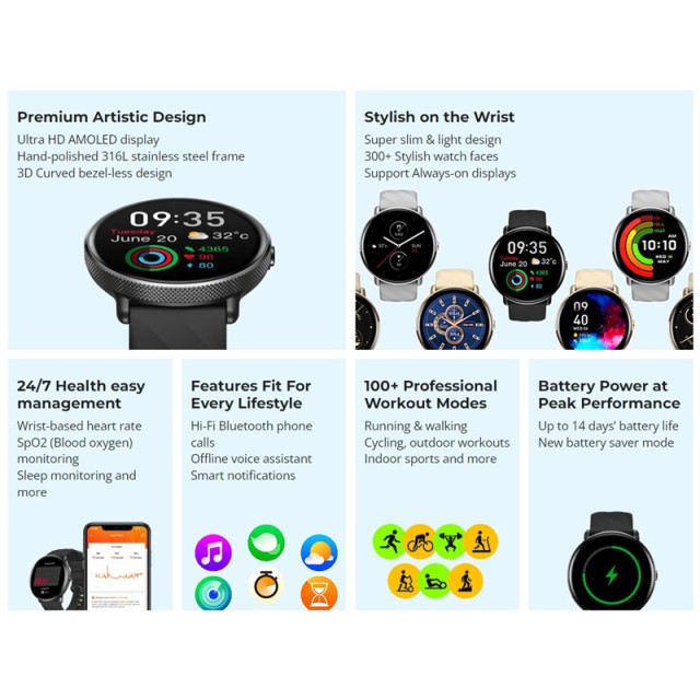 ZEBLAZE smartwatch GTR 3 Pro, heart rate, 1.43" AMOLED, IP68, μαύρο