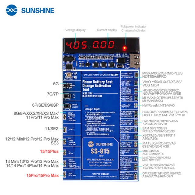 SUNSHINE tester μπαταριών SS-915 για Apple & Android smartphone, V9.0