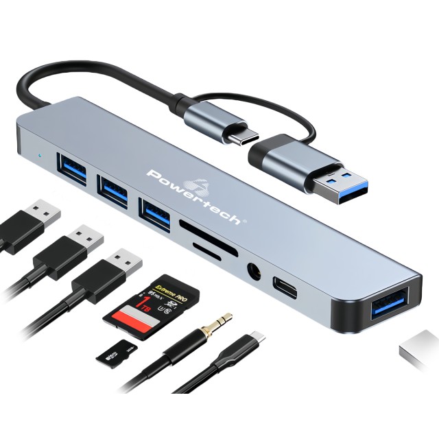 POWERTECH USB hub PTR-0151 με card reader, 8 θυρών, USB & USB-C, γκρι