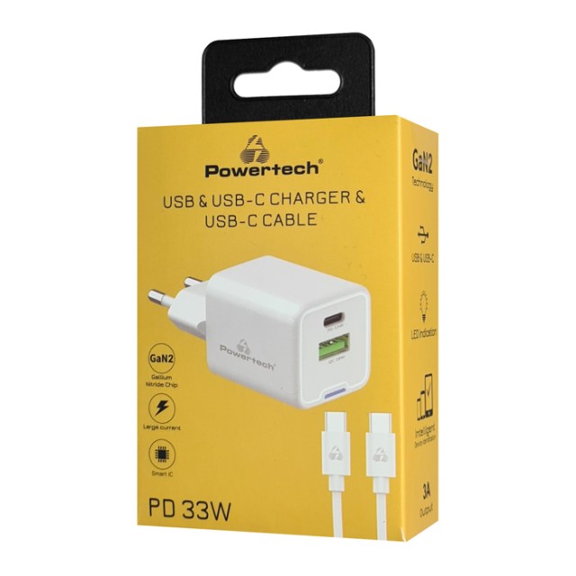 POWERTECH φορτιστής τοίχου PT-1224, καλώδιο, USB/USB-C, 33W, GaN, λευκός