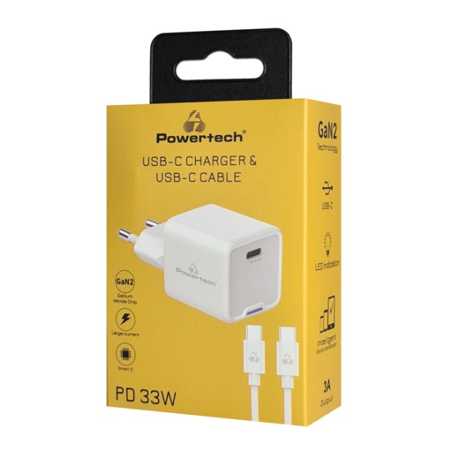 POWERTECH φορτιστής τοίχου PT-1225 με καλώδιο, USB-C, 33W, GaN, λευκός