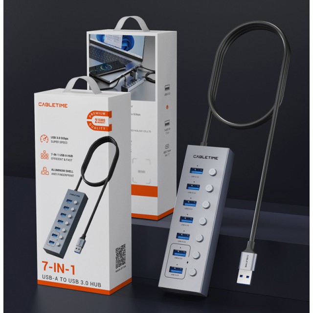 CABLETIME USB hub CT-HUBU7-AG, 7x θυρών, 5Gbps, USB σύνδεση, 1m, γκρι