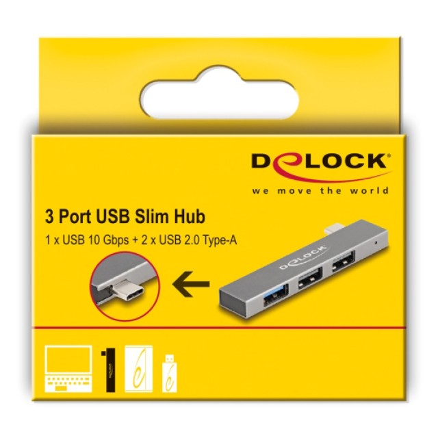 DELOCK USB hub 64274, 3x θυρών, 10Gbps, USB-C σύνδεση, γκρι