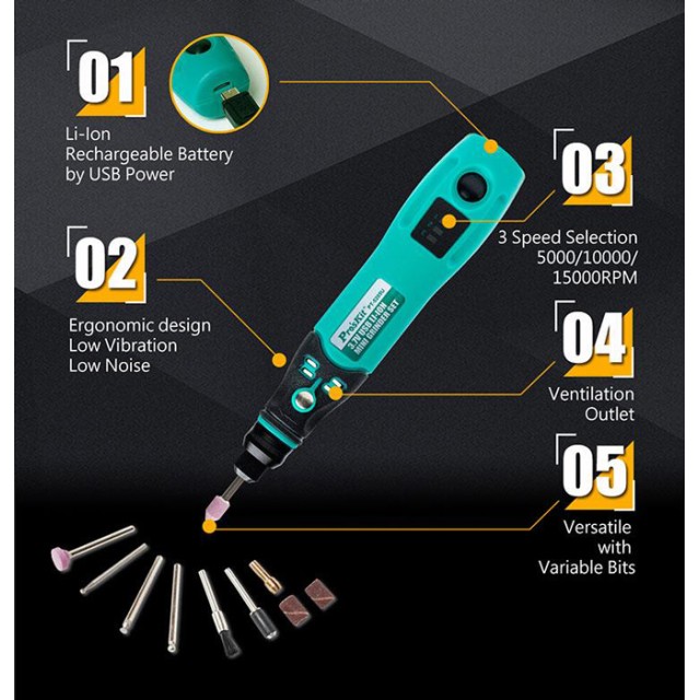 PROSKIT περιστροφικό πολυεργαλείο PT-5205U, 3.7V, 600mah, έως 15000rpm