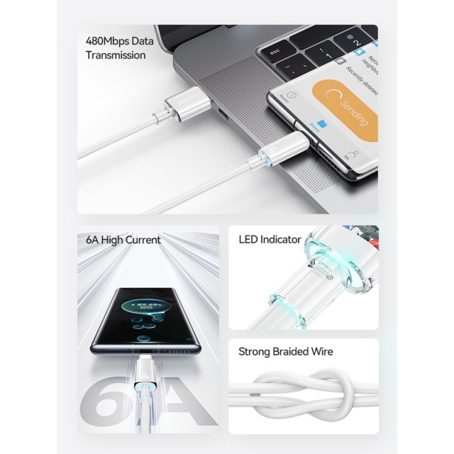 USAMS καλώδιο USB-C σε USB US-SJ658, 66W, 480Mbps, 1.2m, λευκό