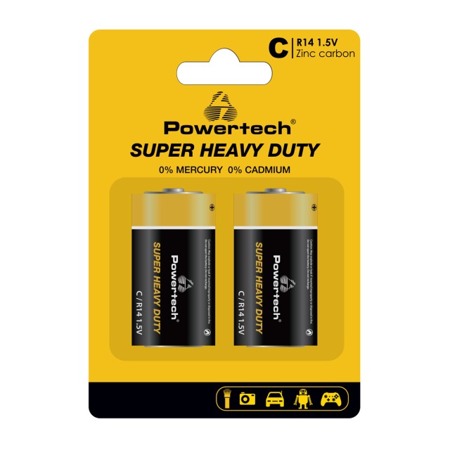 POWERTECH μπαταρίες Zinc Carbon Super Heavy Duty PT-1221, R14 1.5V, 2τμχ