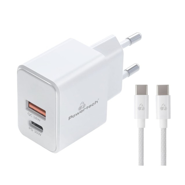 POWERTECH φορτιστής τοίχου PT-1249, καλώδιο, USB/USB-C, 30W, GaN, λευκός